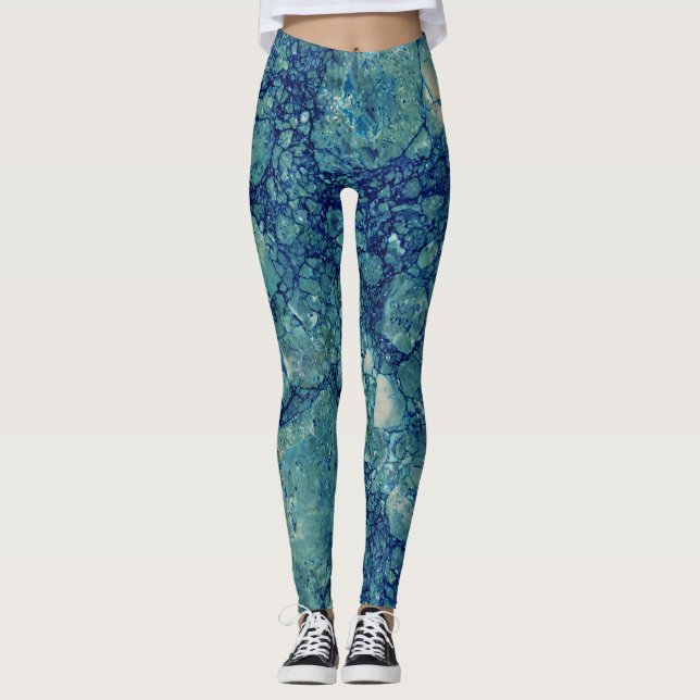 Blue Teal Green Marble Texture Leggings (Front)