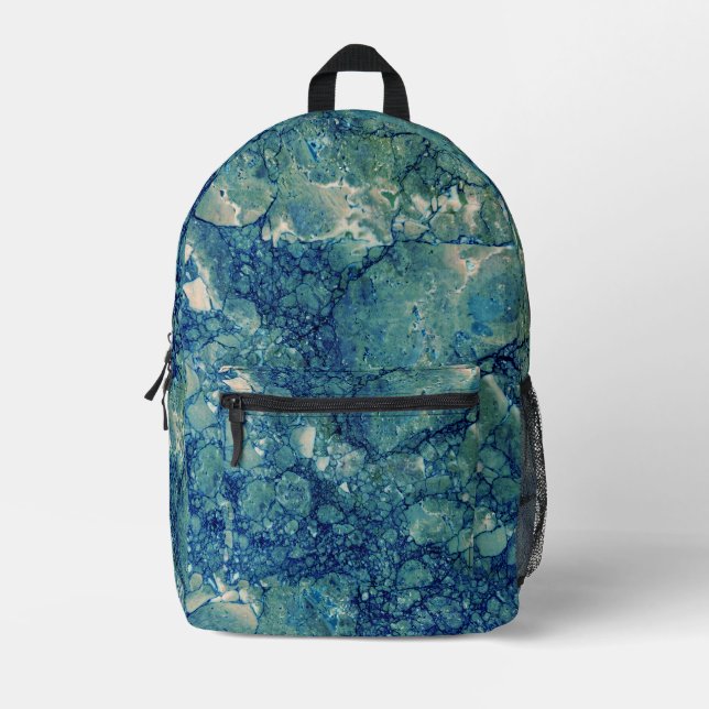 Blue Teal Green Marble Texture Printed Backpack (Front)