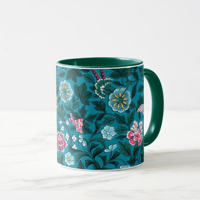 Blue Teal Green Red Pink Yellow Floral Pattern Mug (Front Right)
