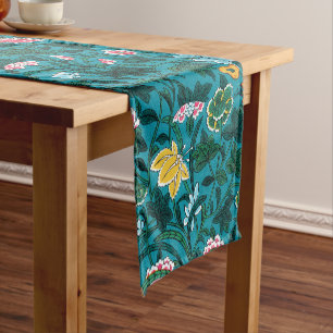 Blue Teal Green Red Pink Yellow Floral Pattern Short Table Runner
