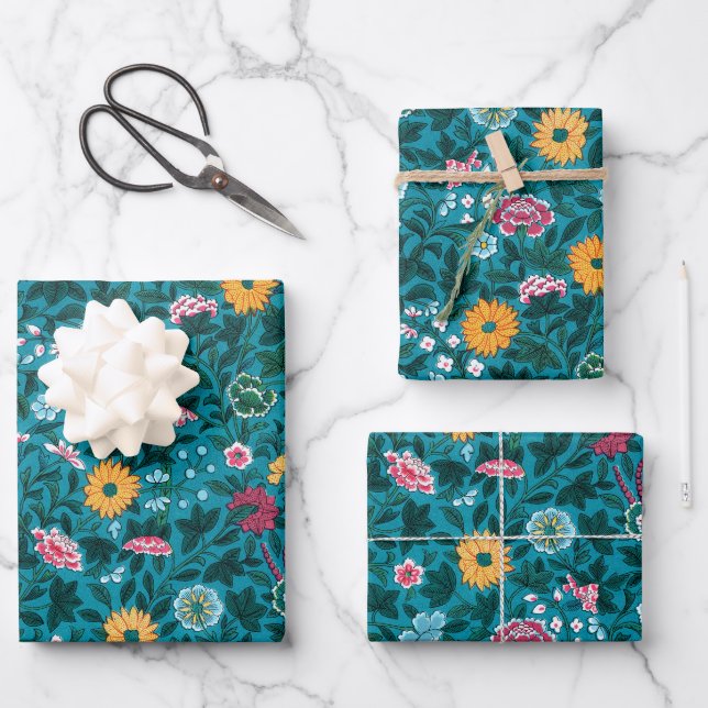 Blue Teal Green Red Pink Yellow Floral Pattern Wrapping Paper Sheet (Front)