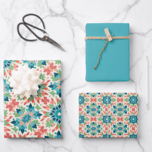 Blue, Teal, Green, Salmon & Cream Tile Pattern Wrapping Paper Sheet