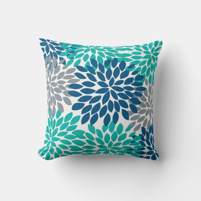 Blue, Teal, Grey Dahlia Pinnata Cushion (Front)