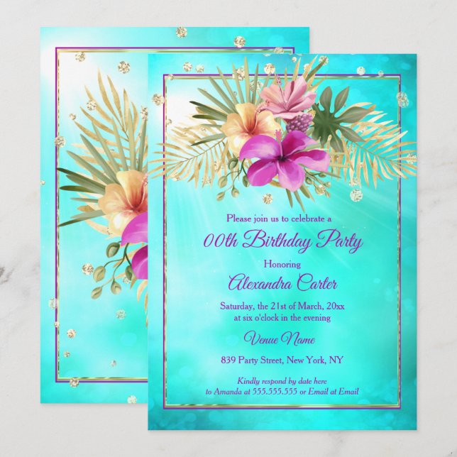 Blue Teal Hibiscus Purple Pink Birthday Party Invitation (Front/Back)