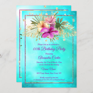 Blue Teal Hibiscus Purple Pink Birthday Party Invitation