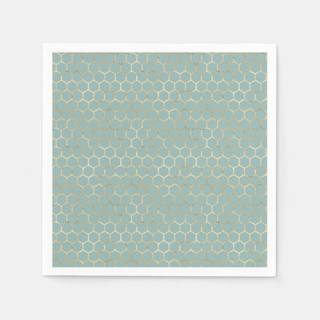 Blue Teal Honeycomb Gold Glitter Birthday  Napkin (Front)