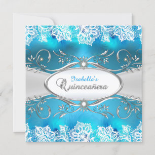Blue Teal lace & silver Frame Quinceanera Invitation