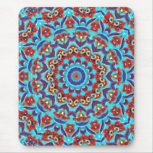 Blue Teal Leaf Floral Mandala Boho Mouse Pad