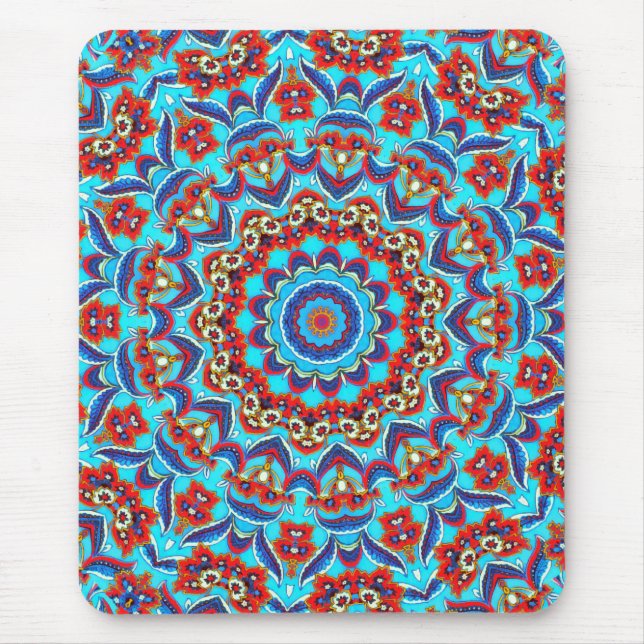 Blue Teal Leaf Floral Mandala Boho Mouse Pad (Front)