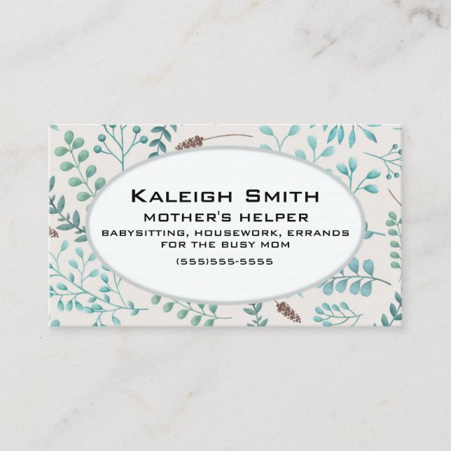Blue Teal Leaves / Greenery White Mother's Helper Calling Card (Front)