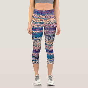 Blue Teal Lilac White Acrylic Abstract Fluid Art Capri Leggings