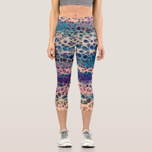 Blue Teal Lilac White Acrylic Abstract Fluid Art Capri Leggings