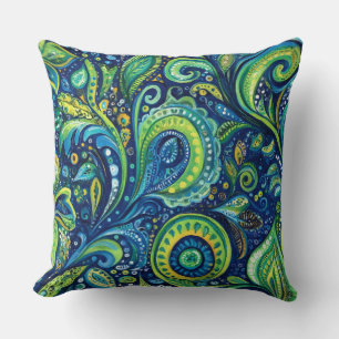 Blue Teal Lime Green Whimsical Flowers Cushion