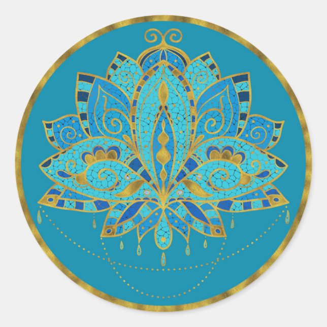 Blue Teal Lotus with Golden Accents Classic Round Sticker (Front)