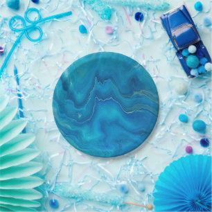 Blue & Teal Marble Agate Abstraction Paper Plate