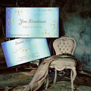 Blue Teal Marble Gold Ornate Corners Ornamental Business Card