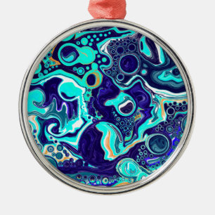 Blue Teal Ocean Swirls Fluid Art Metal Ornament