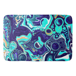 Blue Teal Ocean Swirls Marble Fluid Art   Bath Mat