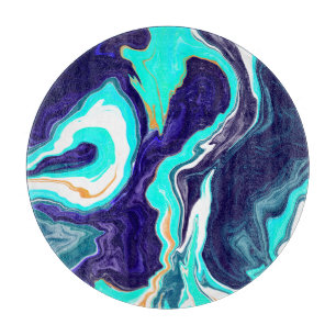 Blue Teal Ocean Swirls Marble Fluid Art Cutting Board