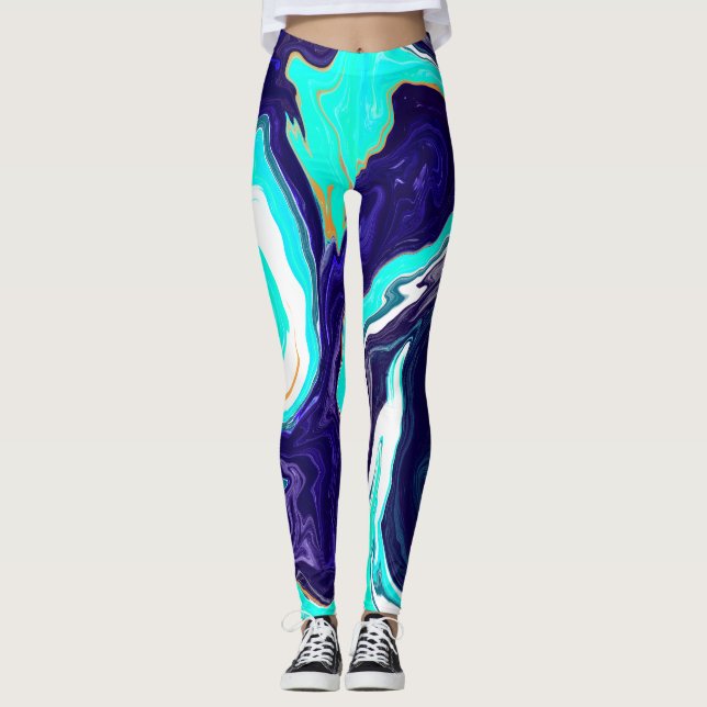  Blue Teal Ocean Swirls Marble Fluid Art   Leggings (Front)
