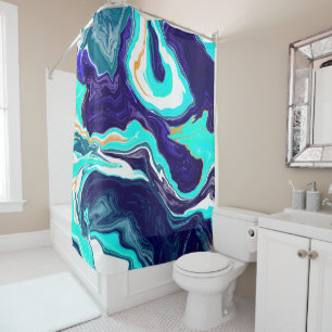 Blue Teal Ocean Swirls Marble Fluid Art   Shower Curtain