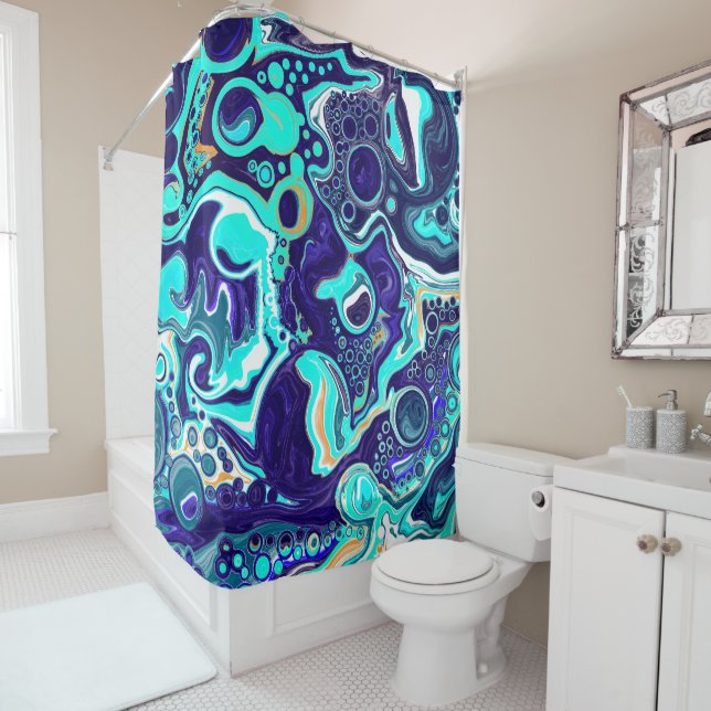  Blue Teal Ocean Swirls Marble Fluid Art Shower Curtain (In Situ)