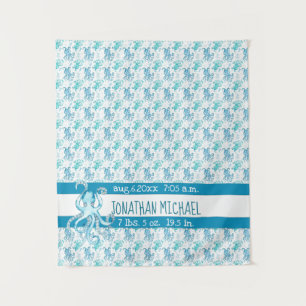 Blue & Teal Octopus Baby's Name Birth Stats Tapestry