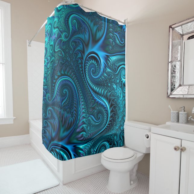 Blue & Teal Octopus Tentacles Spiral Pattern Shower Curtain (In Situ)