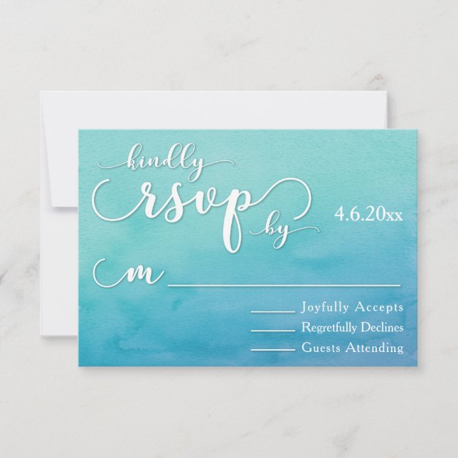 Blue & Teal Ombre Watercolor Modern Wedding RSVP (Front)