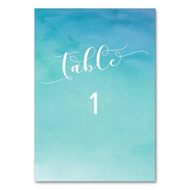 Blue & Teal Ombre Watercolor Sans Serif Table Number (Front)