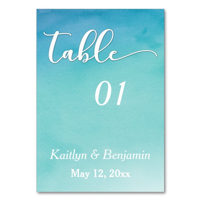 Blue & Teal Ombre Watercolor Wedding Table Number (Front)