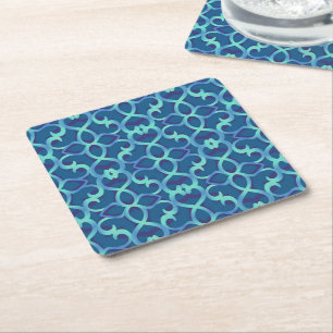 Blue Teal Openwork Lace Pattern Square Paper Coaster