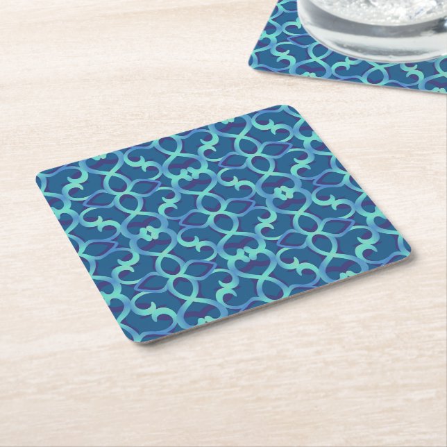 Blue Teal Openwork Lace Pattern Square Paper Coaster (Angled)