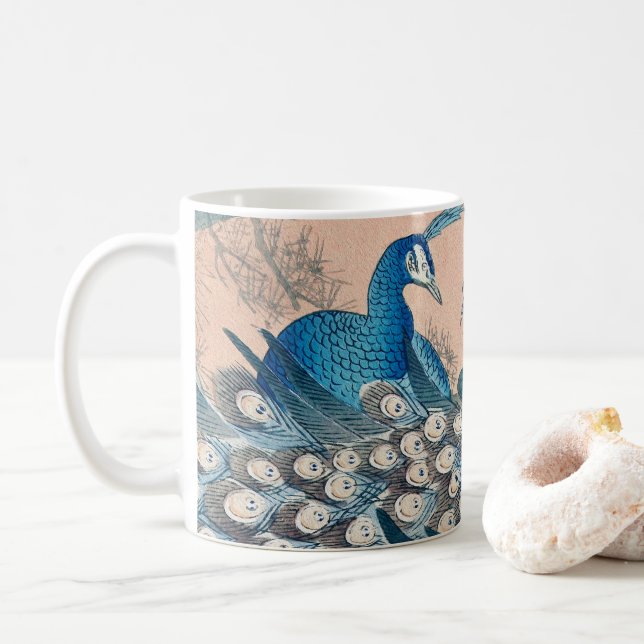 Blue Teal Peacocks Coffee Mug (With Donut)