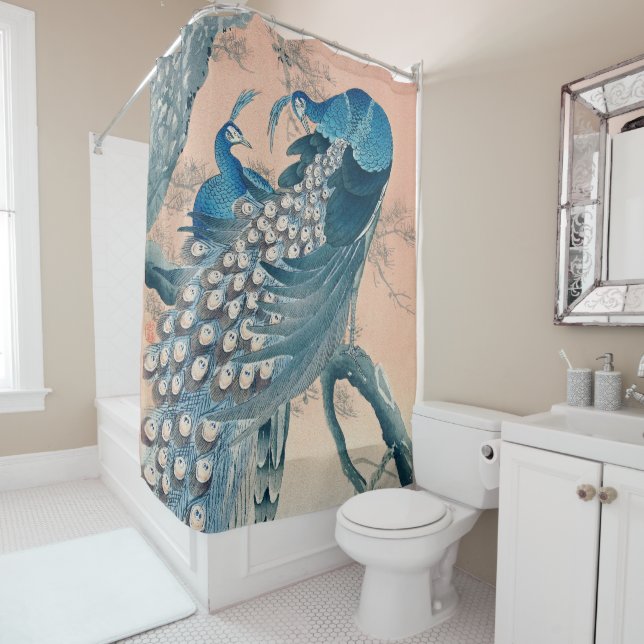 Blue Teal Peacocks Shower Curtain (In Situ)