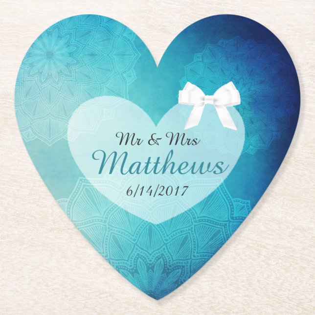 Blue Teal Personalised Wedding Heart Coasters (Front)