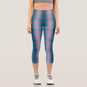 Blue Teal Pink Tartan Pattern Capri Leggings
