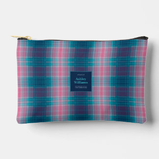 Blue Teal Pink Tartan Personalised Accessory Pouch
