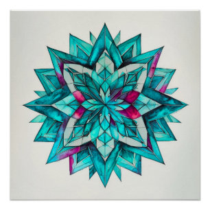 Blue, Teal & Pink Watercolor Floral Mandala Poster