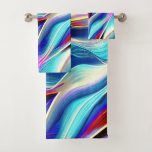 Blue Teal Pink Yellow White Wavy Abstraction Bath Towel Set