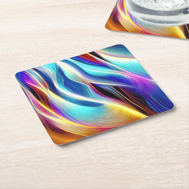 Blue Teal Pink Yellow White Wavy Abstraction Square Paper Coaster (Angled)