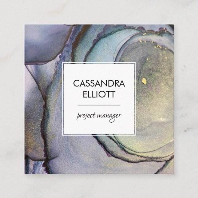 Blue Teal Purple & Gold Alcohol Ink Liquid Art Square Business Card (Front)