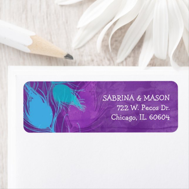 Blue Teal Purple Peacock Wedding Return Address Label (Insitu)