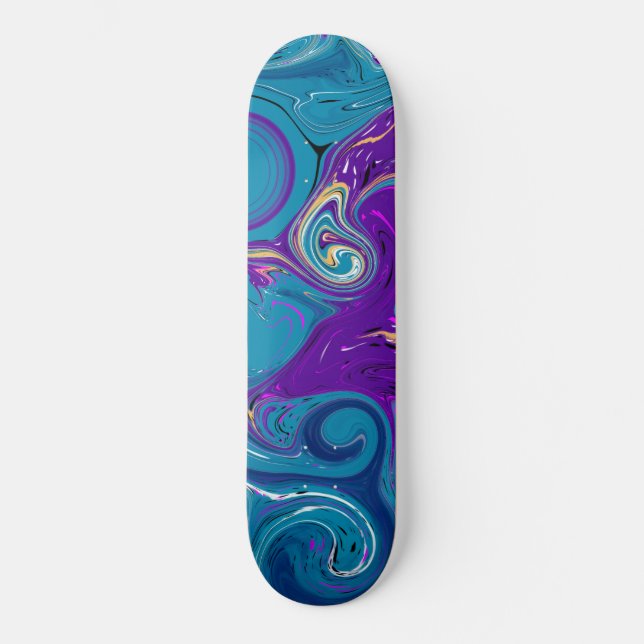 Blue, Teal, Purple Swirls Fluid art Skateboard (Front)