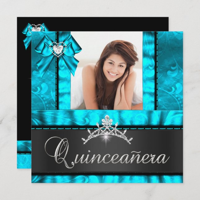 Blue Teal Quinceanera 15th Birthday Party Photo Invitation (Front/Back)