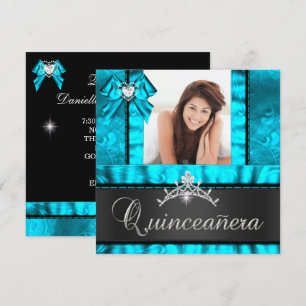 Blue Teal Quinceanera 15th Birthday Party Photo Invitation