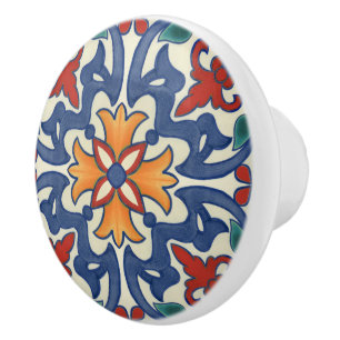 Blue Teal Red Orange Portuguese Azulejos Pattern Ceramic Knob