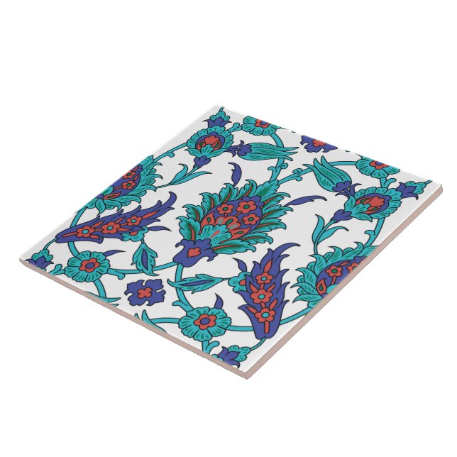 Blue Teal Red White Oriental Floral Pattern Ceramic Tile (Side)