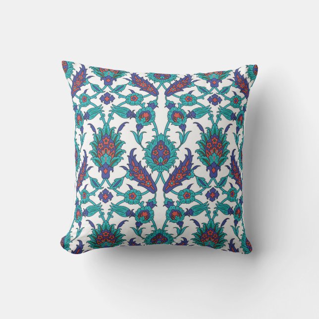 Blue Teal Red White Oriental Floral Pattern Cushion (Front)