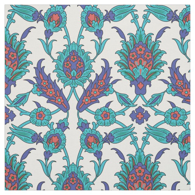 Blue Teal Red White Oriental Floral Pattern Fabric (Swatch)